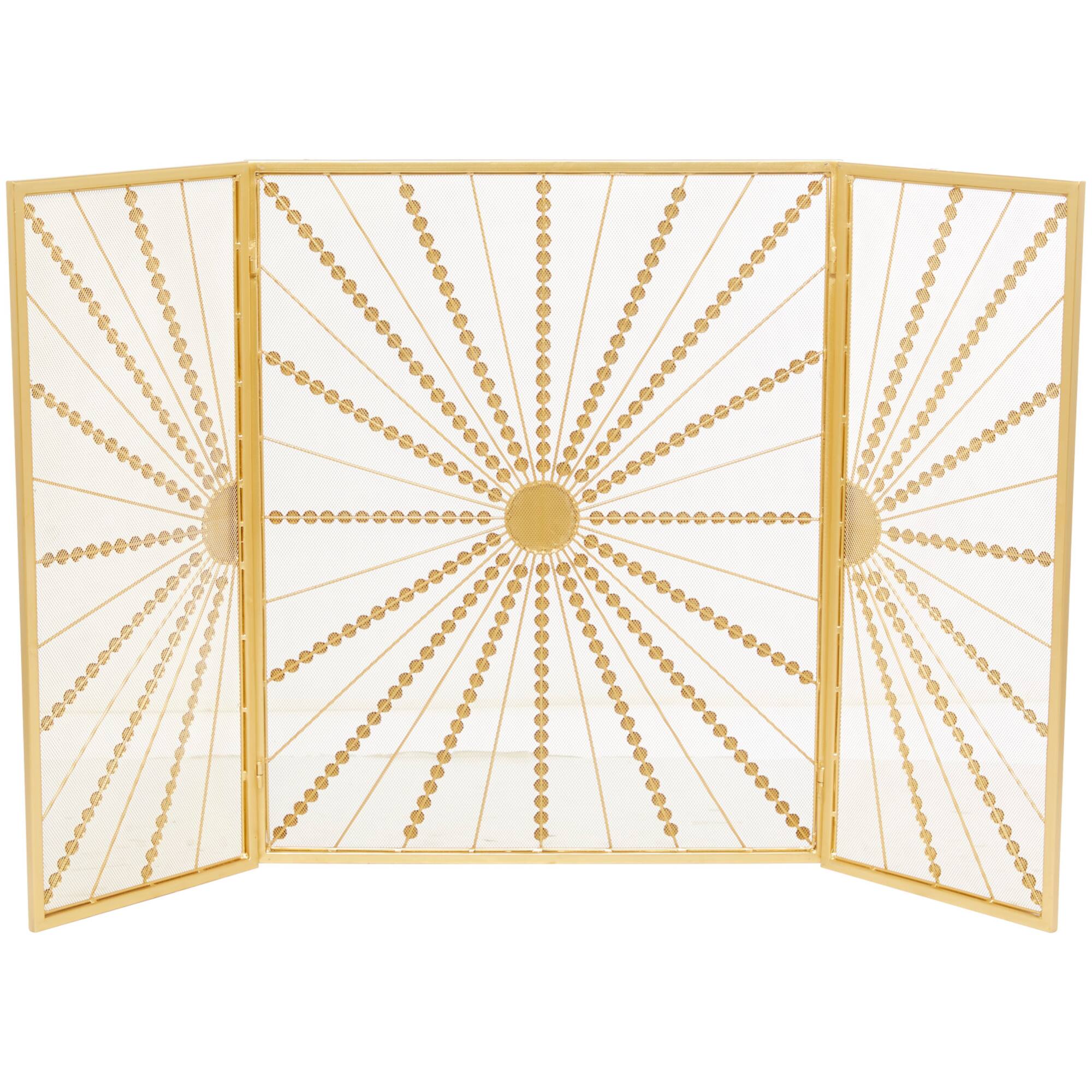 Gold Metal Foldable 3-Panel Starburst Fireplace Screen with Bead Inspired Rays